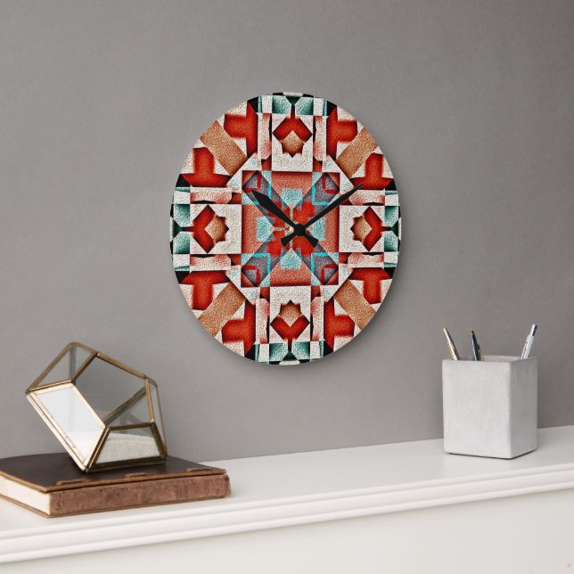 Aquamariner Roter Rost Terra Cotta Große Wanduhr (Büro)
