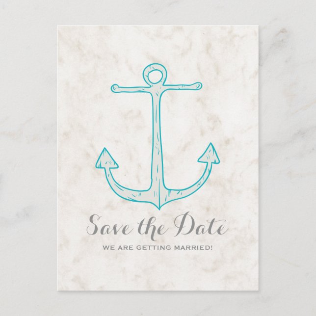 Aquamariner rustikaler Anker Save the Date Postkar Ankündigungspostkarte (Vorderseite)