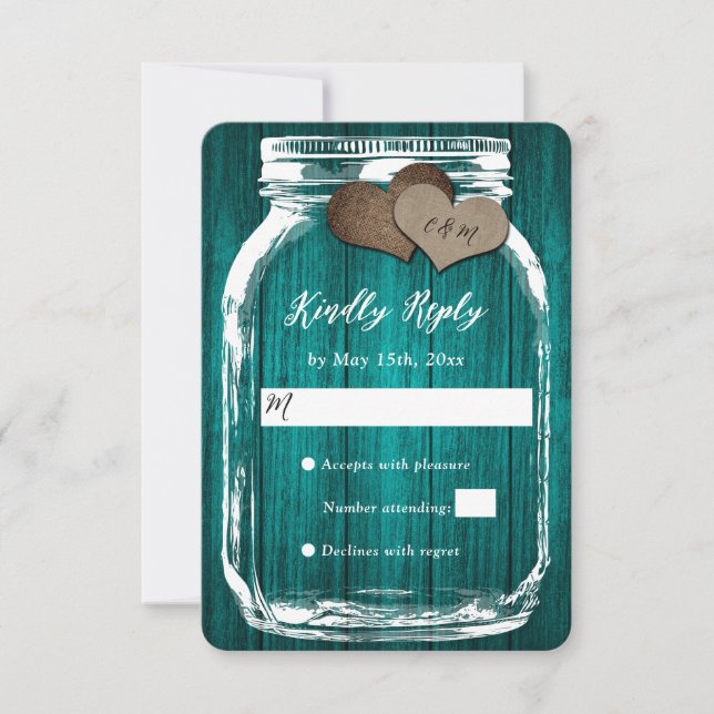 Aquamariner rustikaler Holzmason Jar Two Hearts We RSVP Karte (Vorderseite)
