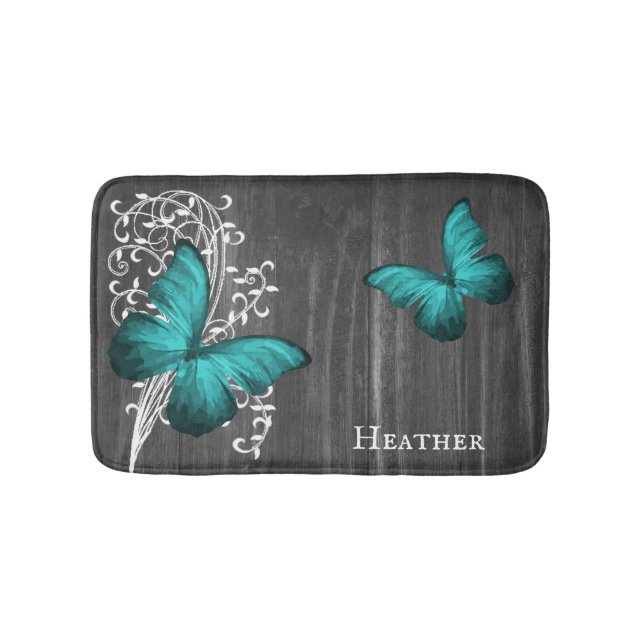 Aquamariner Rustikaler Schmetterling Personalisier Badematte (Vorderseite)