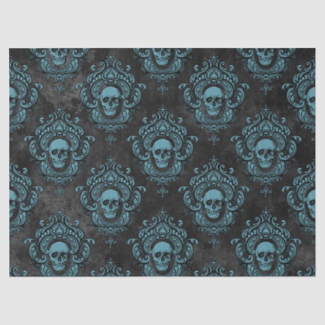Aquamariner Schädel und dunkelgraues Gothic-Dekoup Seidenpapier (Vorderseite)