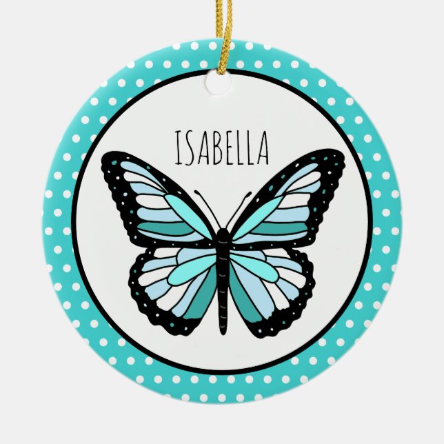 Aquamariner Schmetterling Polka Dots Personalisier Keramik Ornament (Vorne)
