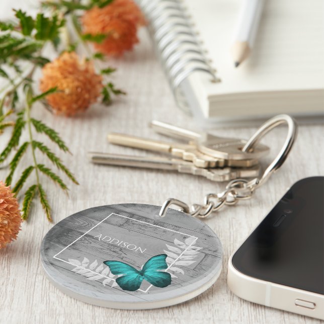 Aquamariner Schmetterling Rustikaler Personalisier Schlüsselanhänger (Vorderseite rechts)