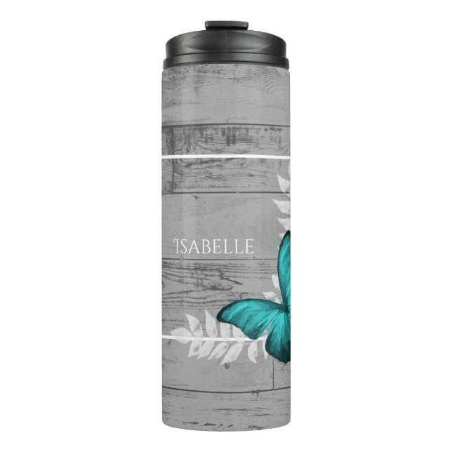 Aquamariner Schmetterling Rustikaler Personalisier Thermosbecher (Vorderseite)