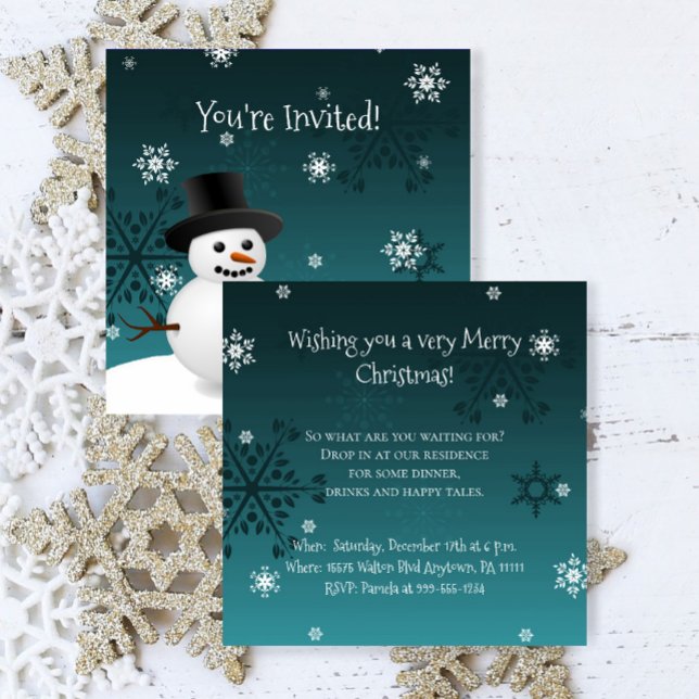 Aquamariner Schneemann Winter Szene Weihnachts-Ein Einladung (Teal Snowman Winter Scene Christmas Party Invitation)