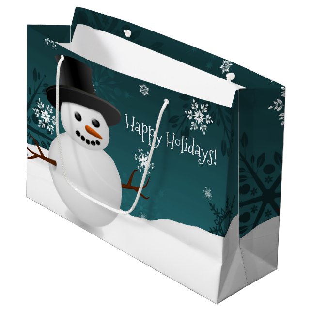 Aquamariner Schneemann Winterlandschaft Weihnachts Große Geschenktüte (Vorderseite Schrägansicht)