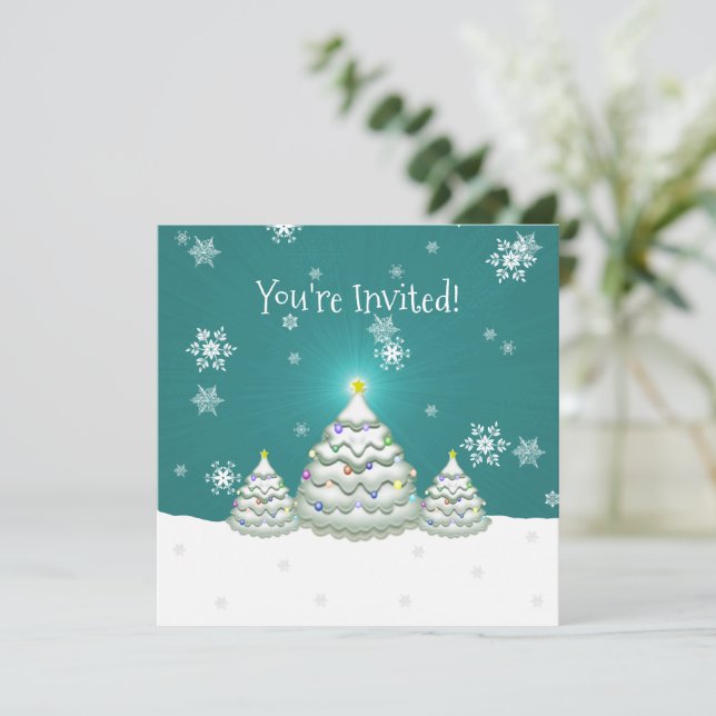Aquamariner Schneeweihnachtsbaum Einladung (Stehend Vorderseite)