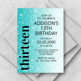 Aquamariner Schwarzer Glitzer Geburtstag Einladung