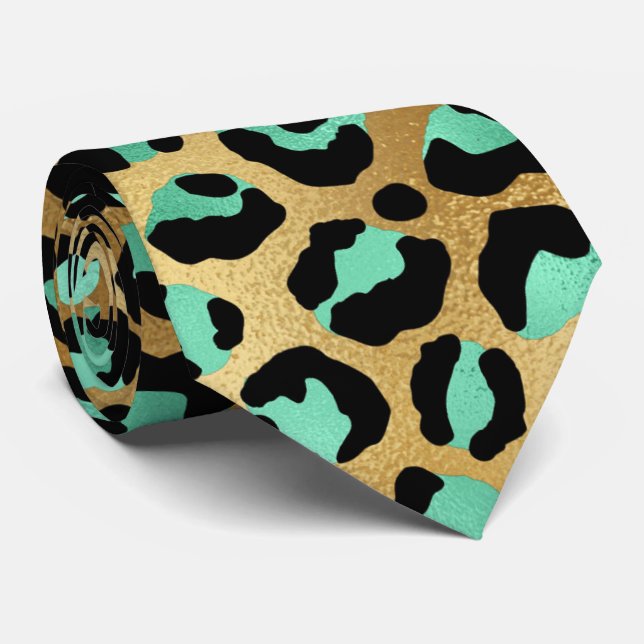 Aquamariner schwarzer Leopardenprint Krawatte (Gerollt)