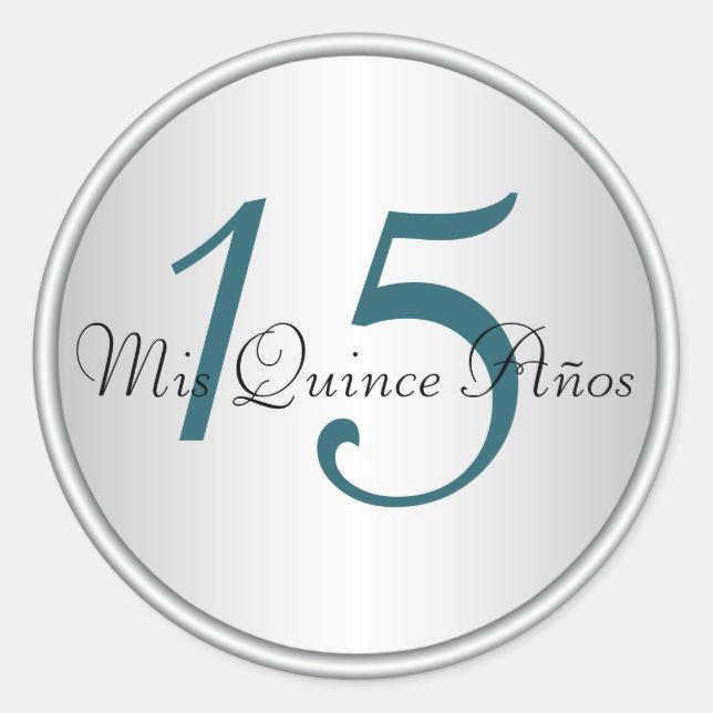 Aquamariner, schwarzer und silberer Quinceanera-Um Runder Aufkleber (Vorderseite)