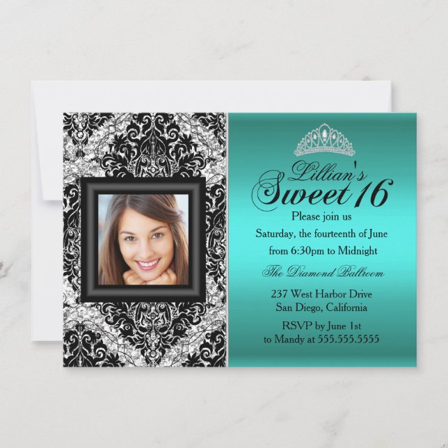 Aquamariner Silber Glitzer Damask Foto Sweet 16 Einladung (Vorderseite)