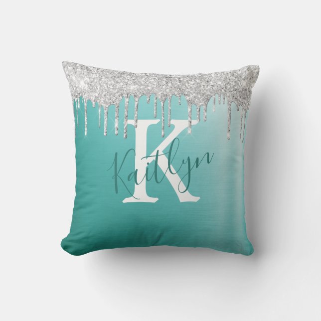 Aquamariner Silber-Glitzer Pinselmetall-Monogramm- Kissen (Vorderseite)