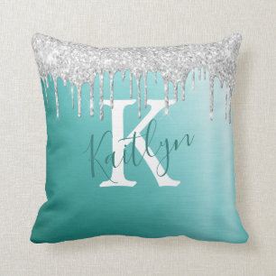 Aquamariner Silber-Glitzer Pinselmetall-Monogramm- Kissen