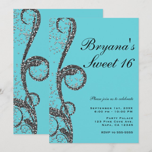 Aquamariner Silber Glitzer Swirl Sweet 16 Geburtst Einladung (Vorne/Hinten)