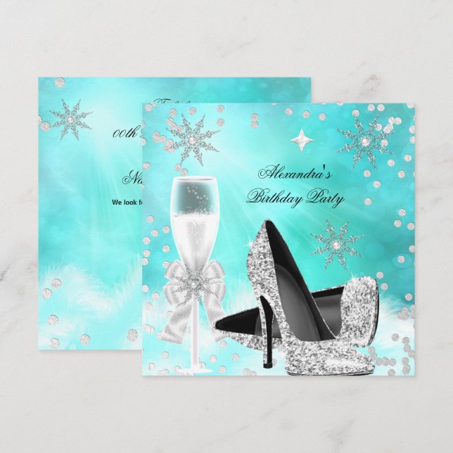 Aquamariner SilberChampagner High Heels Geburtstag Einladung (Vorne/Hinten)