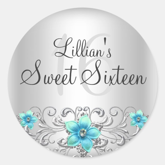 Aquamariner Silberflorschwirl Sweet 16 Aufkleber (Vorderseite)