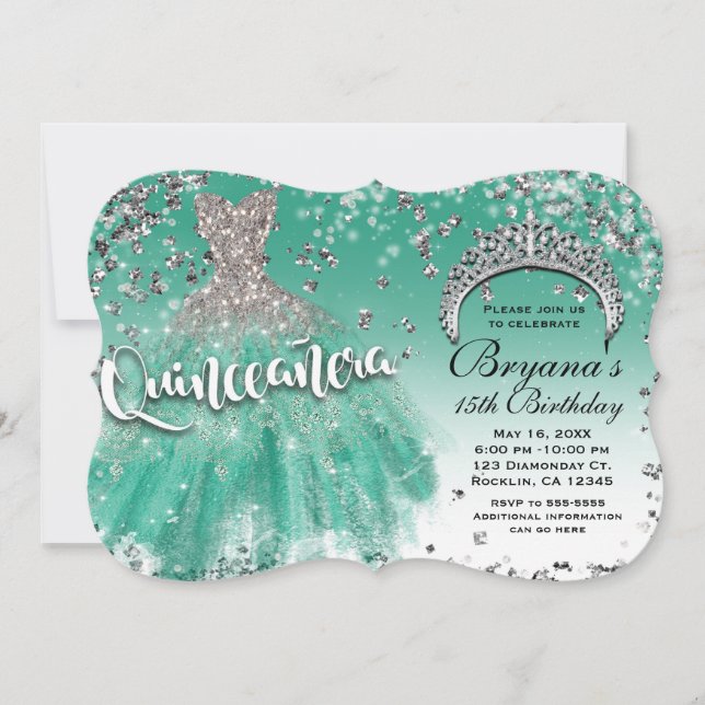 Aquamariner Silberner Glitzer Glamour Kleid Quince Einladung (Vorderseite)