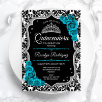 Aquamariner Silberschwarzer Damast Elegantes Quinc