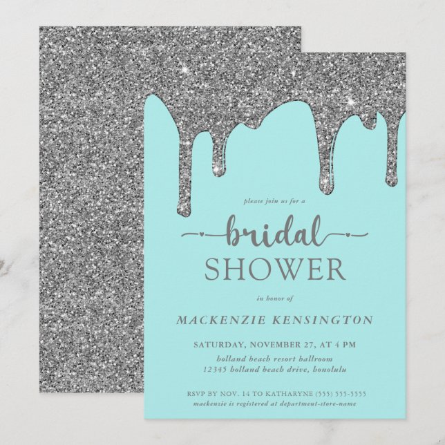 Aquamariner Silver Glitzer Tropfen Bridal Dusche E Einladung (Vorne/Hinten)