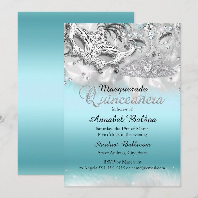 Aquamariner Silver Sparkle Masquerade Quinceanera  Einladung (Vorne/Hinten)