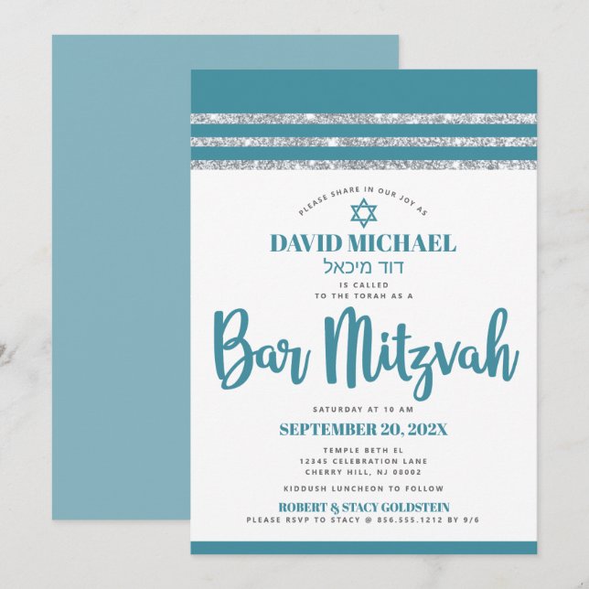 Aquamariner Silver Tallit Bar Mitzvah Bold modern Einladung (Vorne/Hinten)