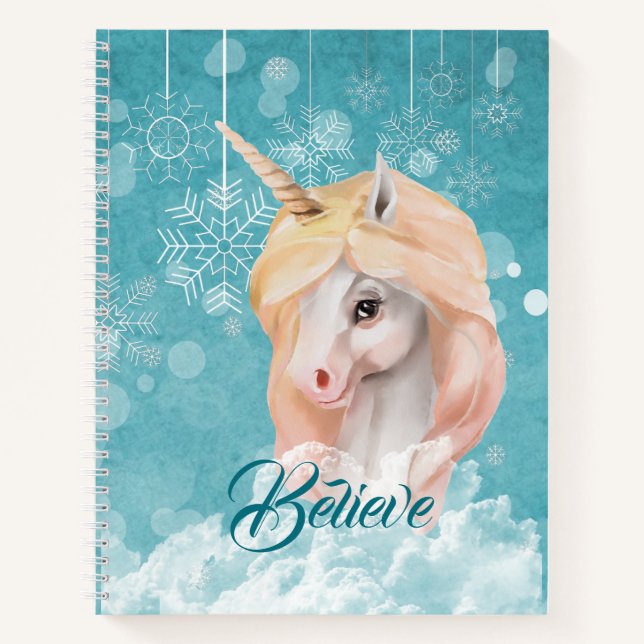 Aquamariner Snowflake-Glaube an das weiße Einhorn Notizbuch (Vorderseite)