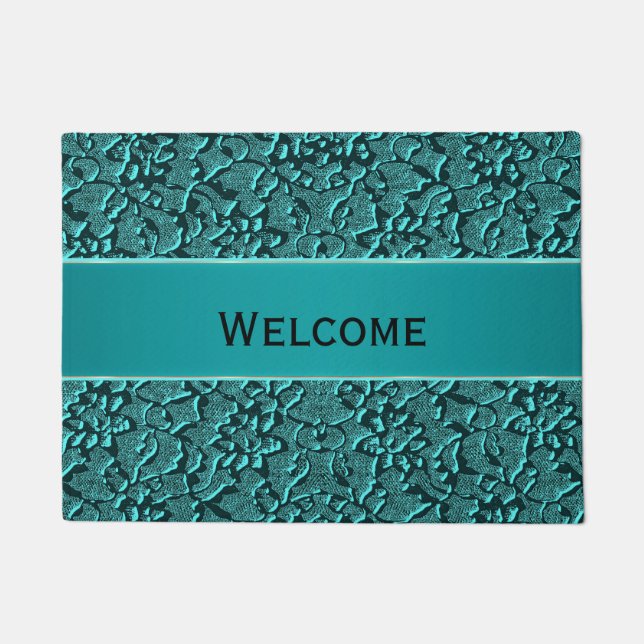 Aquamariner Spitze-Brokat-Blick-willkommene Matte (Vorderseite)