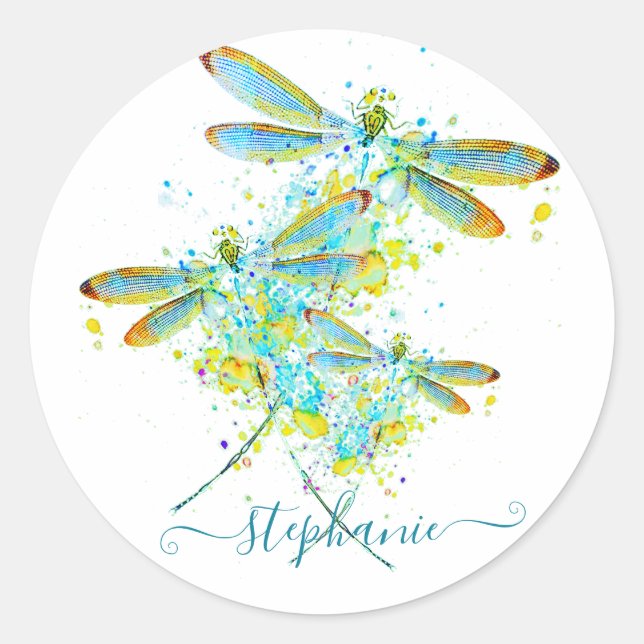 Aquamariner Spritzer der Libellen personalisiert Runder Aufkleber (Vorderseite)