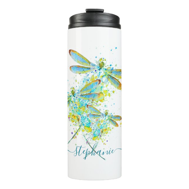Aquamariner Spritzer der Libellen personalisiert Thermosbecher (Vorderseite)