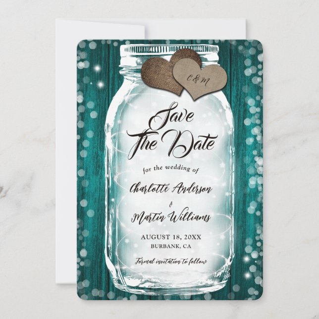 Aquamariner Stall Holz String Lights Mason Jar Wed Save The Date (Vorderseite)