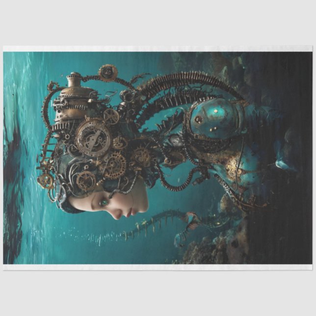 Aquamariner Steampunk-Girl-Wasser-Weltdekoupage Seidenpapier (Vorderseite)
