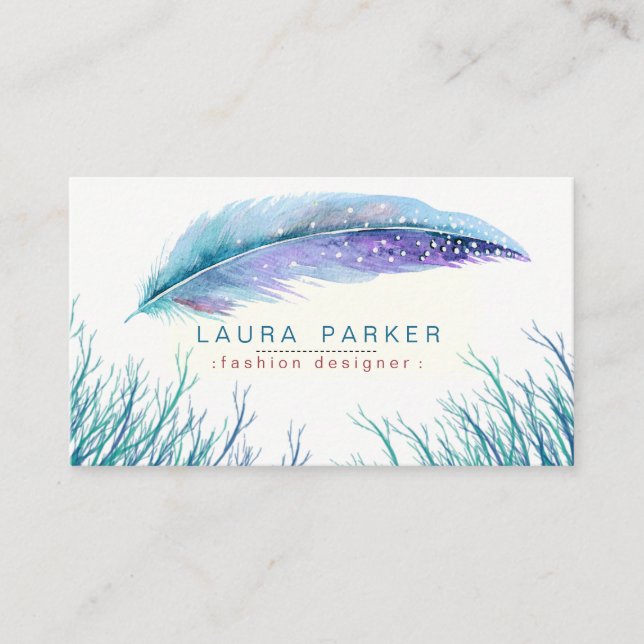 Aquamariner Strand-FederWatercolor Boho Girly Chic Visitenkarte (Vorderseite)