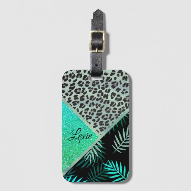 Aquamariner Tropenleopardendruck für Glitterie Gepäckanhänger (Vorderseite Vertikal)