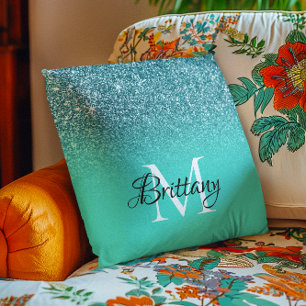 Aquamariner türkisfarbener Glitzer Ombre Monogram Kissen