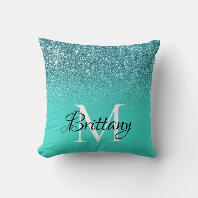 Aquamariner türkisfarbener Glitzer Ombre Monogram Kissen (Vorderseite)
