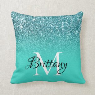 Aquamariner türkisfarbener Glitzer Ombre Monogram Kissen