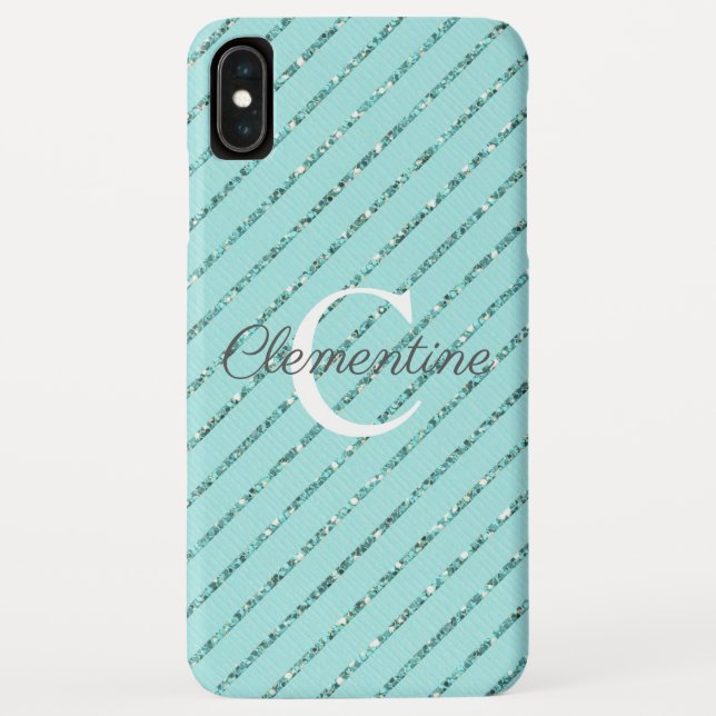 Aquamariner Turqoise-Glitzer Streifen Monogramm Case-Mate iPhone Hülle (Rückseite)