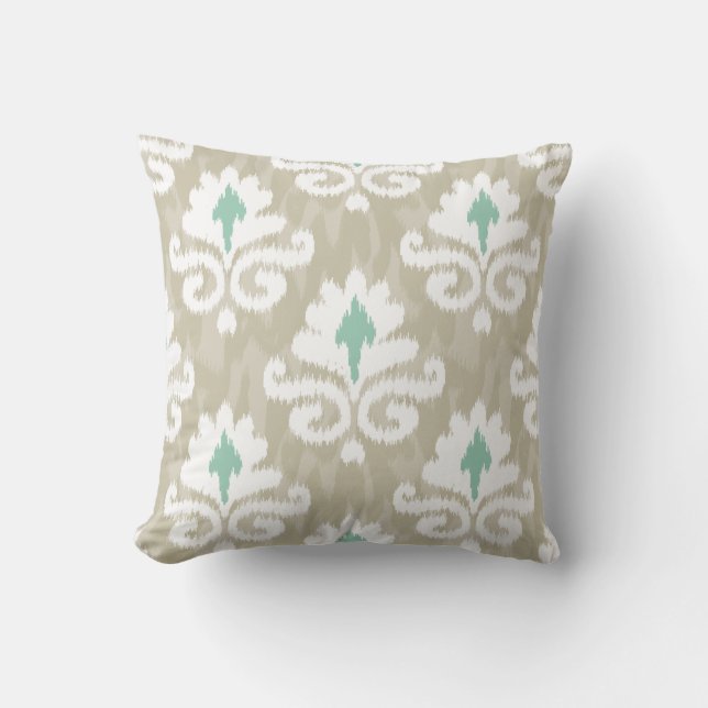Aquamariner u. Taupe Ikat Türkis ethnischer Boho Kissen (Vorderseite)