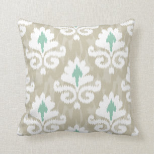 Aquamariner u. Taupe Ikat Türkis ethnischer Boho Kissen