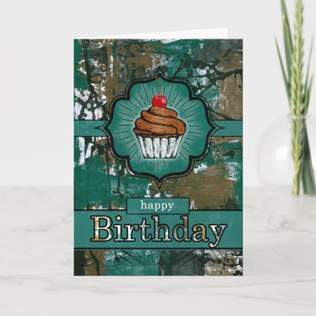 Aquamariner und brauner Urban Graffiti Cupcake Geb Karte (Vorderseite)