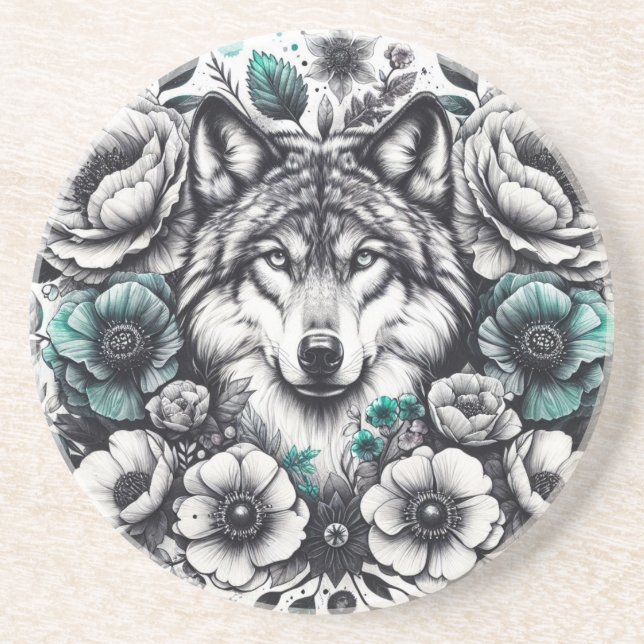 Aquamariner und grauer Wolf mit Blume Sandstone Un Getränkeuntersetzer (Vorne)