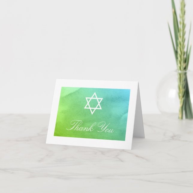 Aquamariner und grüner Wasserfarben Bat Mitzvah Vi Dankeskarte (Vorderseite)