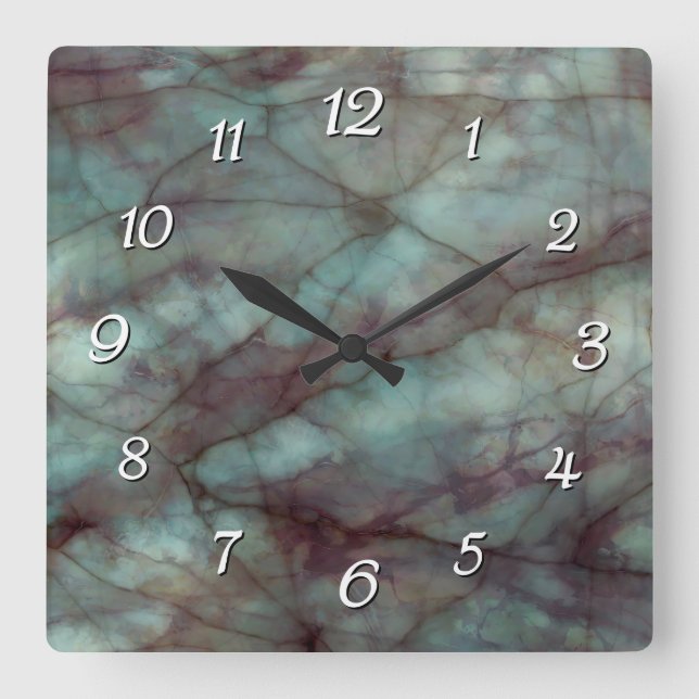 Aquamariner und lila Fluorit-Marmor Quadratische Wanduhr (Vorderseite)