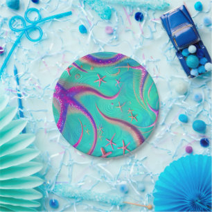 Aquamariner und Lila Starfish Beachy Pappteller