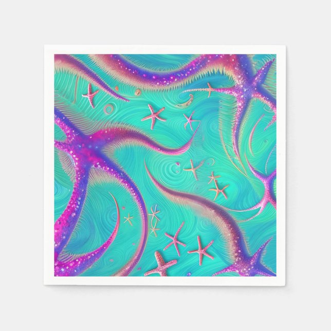 Aquamariner und Lila Starfish Beachy Serviette (Vorderseite)