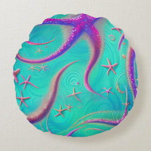 Aquamariner und Lila Strand von Starfish Themed Rundes Kissen
