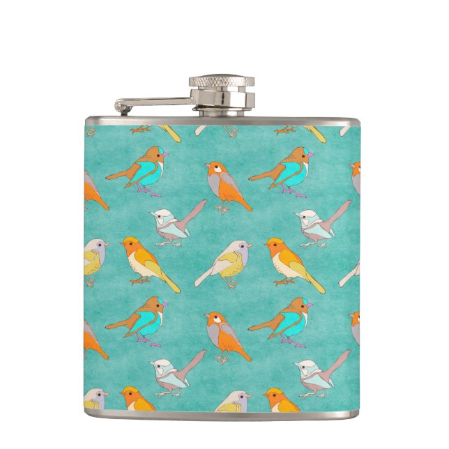 Aquamariner und orange bunter Vogel-Muster-Türkis Flachmann (Vorderseite)