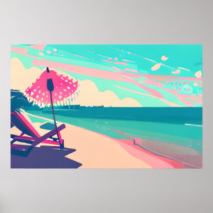 Aquamariner und Peach Beach, Sessel und Regenschir Poster
