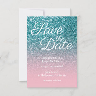 Aquamariner und rosa Ombre Glitzer Save the Date Einladung