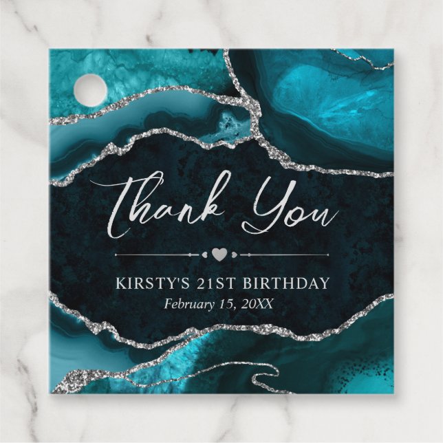 Aquamariner und Silberner Glitzer Agate Geburtstag Geschenkanhänger (Vorderseite)